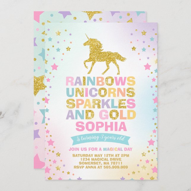 Unicorn Birthday Invitation Magical Unicorn Party (Front/Back)
