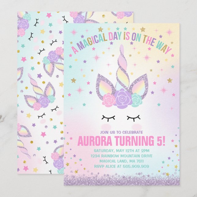 Unicorn Birthday Invitation Magical Unicorn Party (Front/Back)