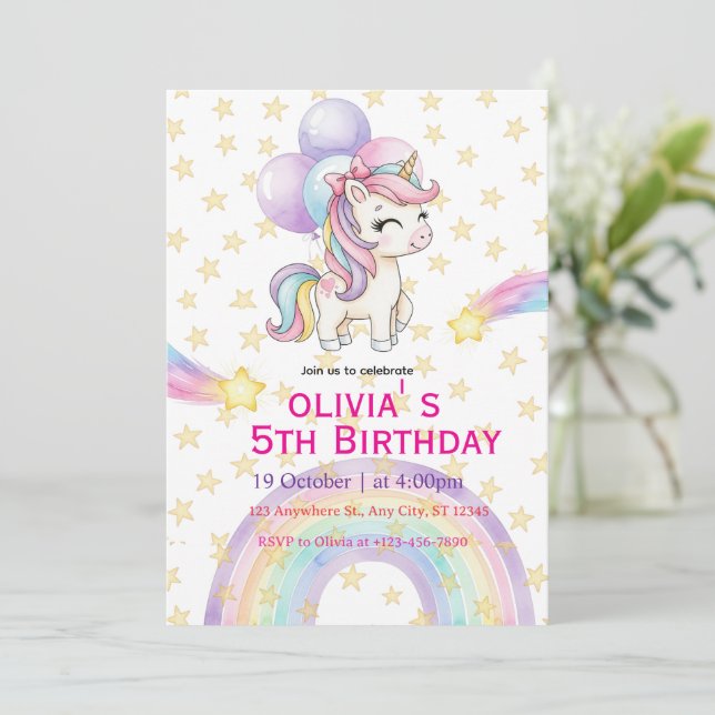 Unicorn Birthday Invitation | Pastel Rainbow Party (Standing Front)
