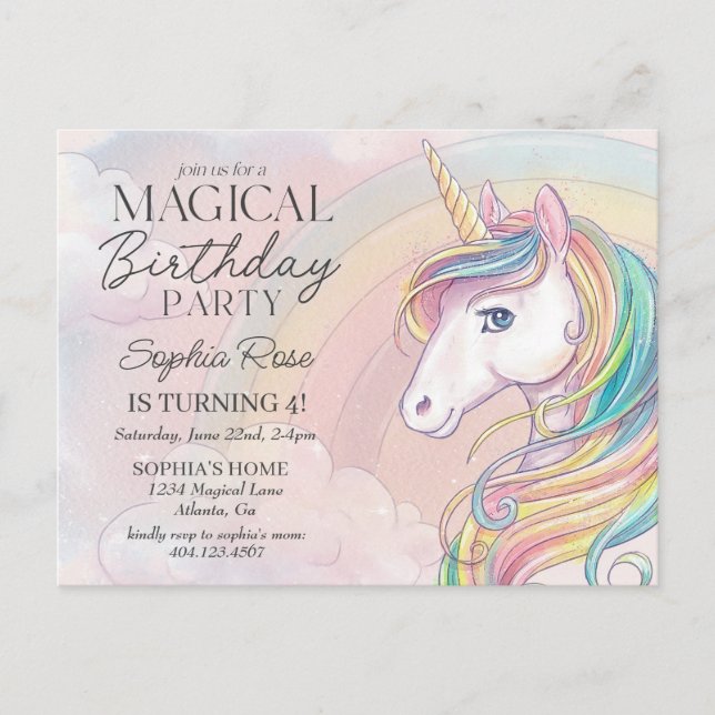 Unicorn Birthday Invitation, pink birthday party Postcard (Front)