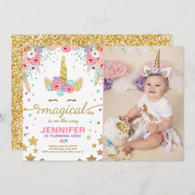Unicorn Birthday Invitation Pink Gold Magical (Front/Back)