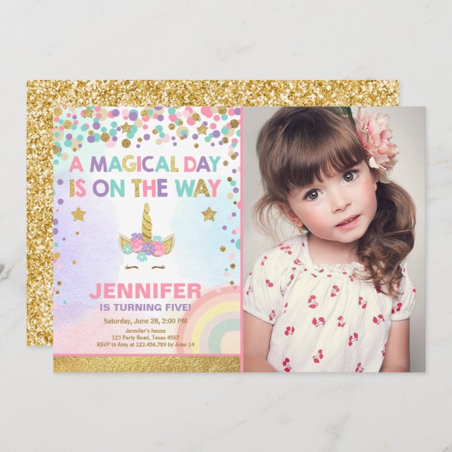 Unicorn Birthday Invitation Pink Gold Magical (Front/Back)