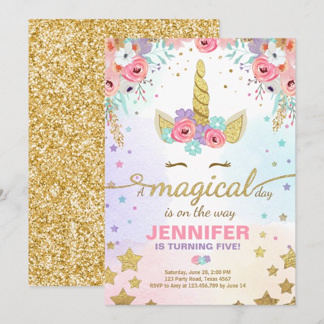 Unicorn Birthday Invitation Pink Gold Magical (Front/Back)