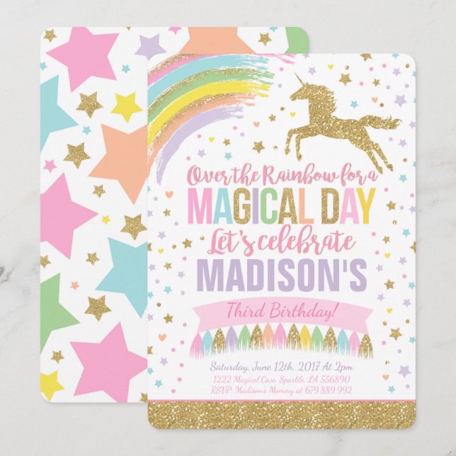 Unicorn Birthday Invitation Pink Gold Unicorn (Front/Back)