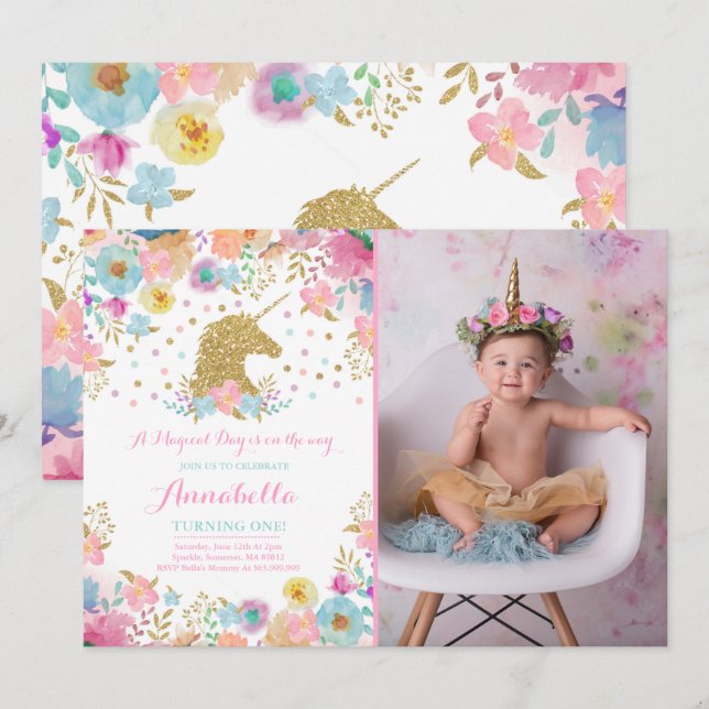 Unicorn Birthday Invitation Pink Gold Unicorn (Front/Back)