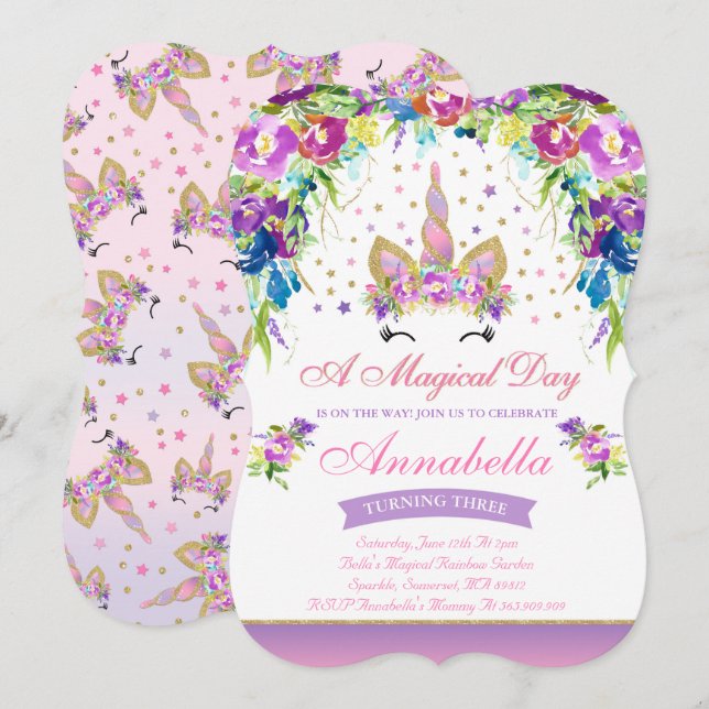 Unicorn Birthday Invitation Pink Gold Unicorn (Front/Back)