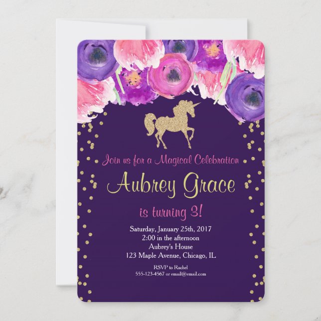 Unicorn birthday invitation, pink purple gold invitation (Front)