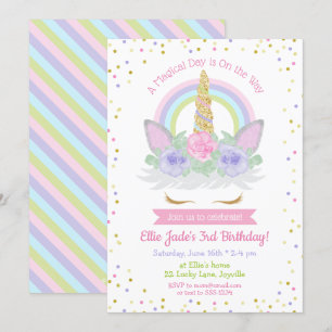Unicorn Birthday Invitation Pink & Purple Rainbow
