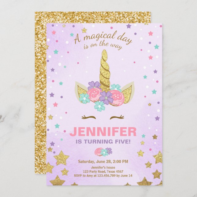 Unicorn Birthday Invitation Purple Gold Magical (Front/Back)