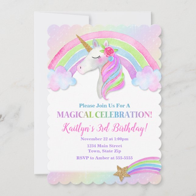 Unicorn Birthday Invitation, Rainbow Unicorn Girl Invitation (Front)