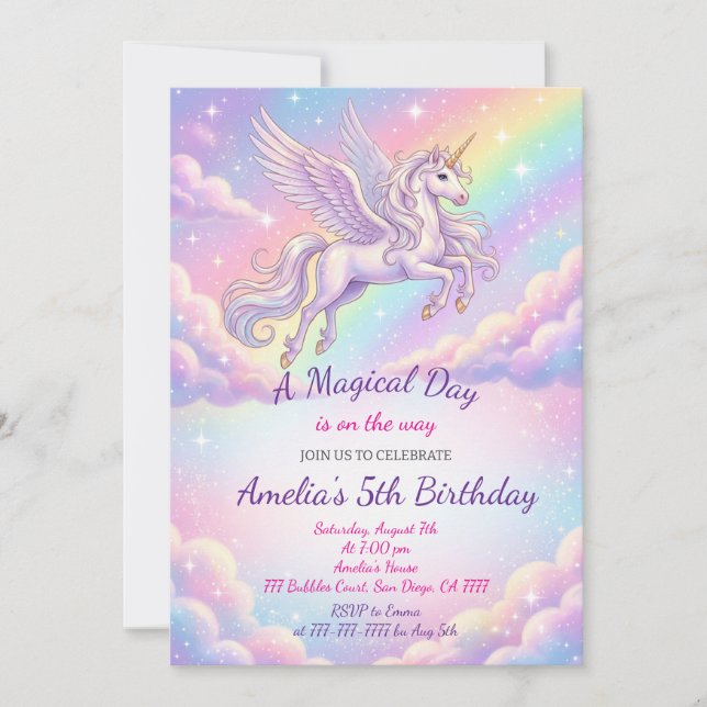 Unicorn Birthday Invitation Rainbow Unicorn Party (Front)