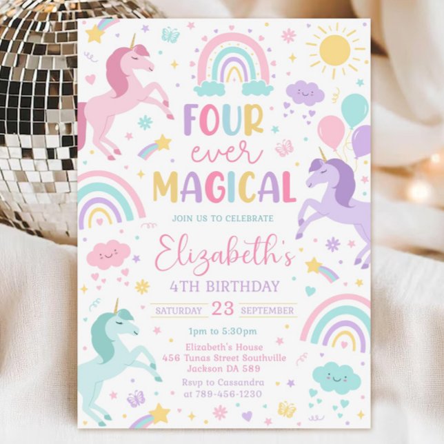 Unicorn Birthday Invitation Template, Four-Ever Ma (Creator Uploaded)