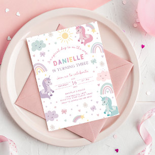 Unicorn Birthday Invitation Three. Pastel Party