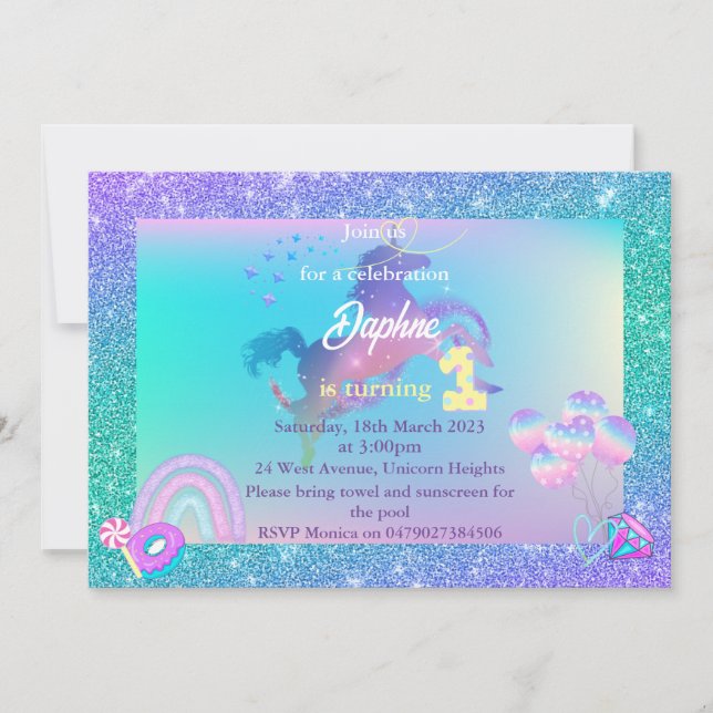 Unicorn Birthday Invitation, turning 1 invitation (Front)