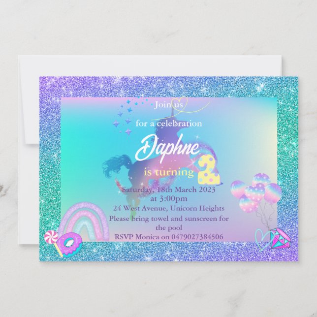 Unicorn Birthday Invitation, turning 2 invitation (Front)