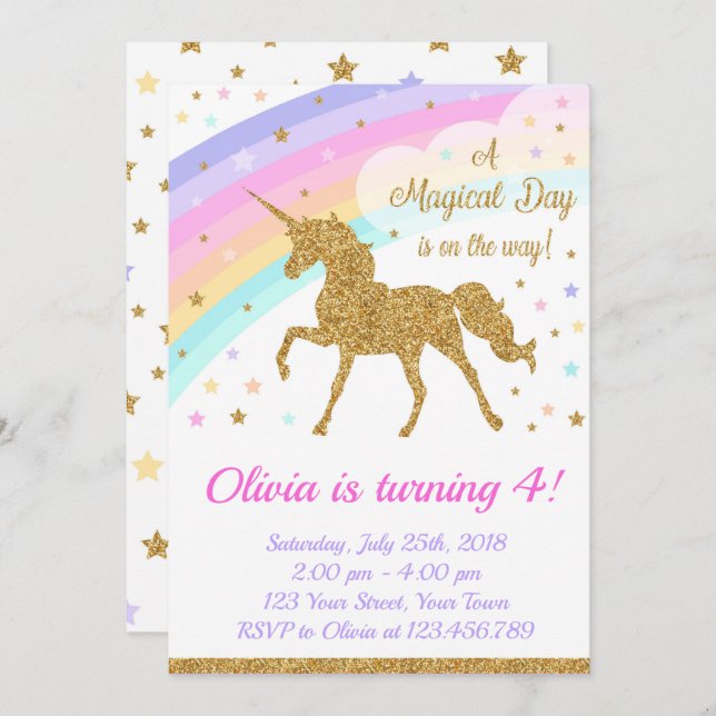 Unicorn Birthday Invitation, Unicorn Party Invitation (Front/Back)