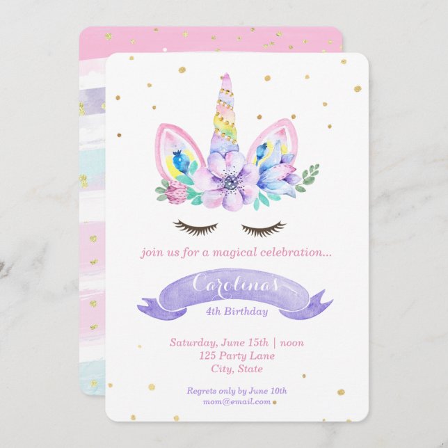 Unicorn Birthday Invitation - Watercolor (Front/Back)
