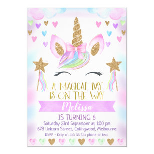 Unicorn Birthday Invitation With Glitter
