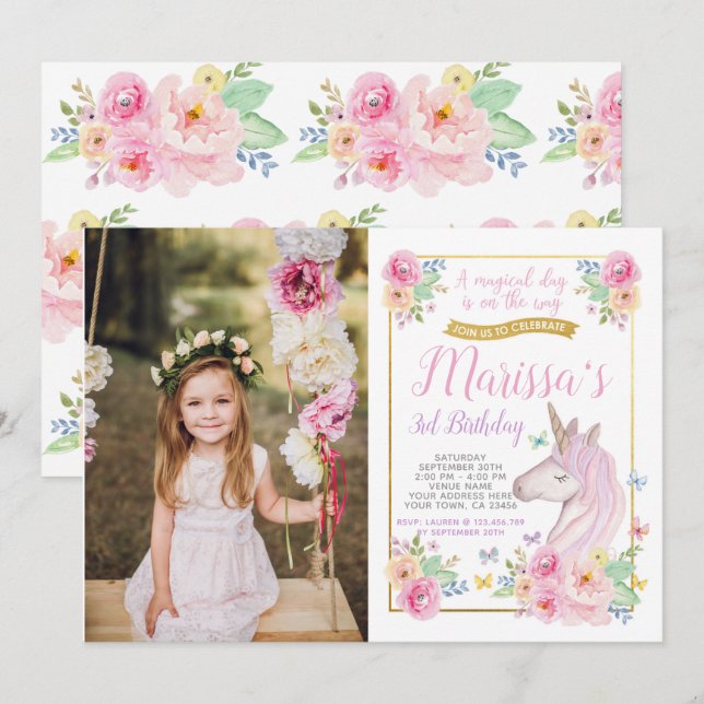 Unicorn Birthday Invitation with Photo (Front/Back)