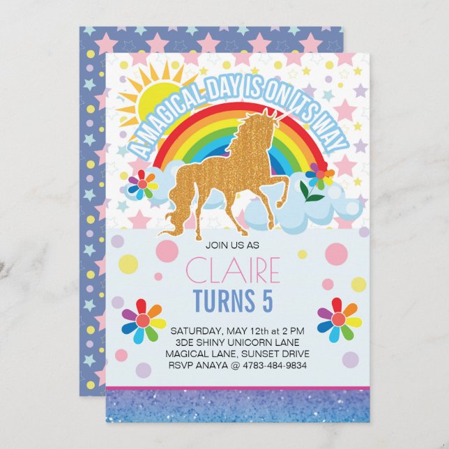 Unicorn Birthday Invitations for Kids (Front/Back)