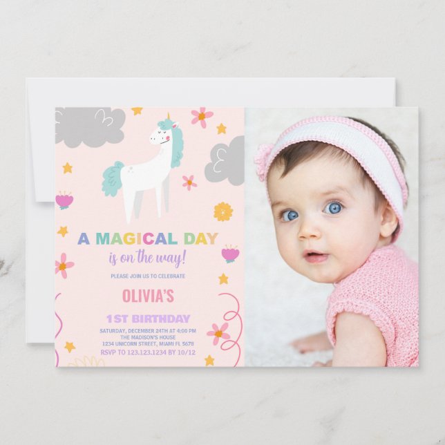Unicorn Birthday Invitations with photo (Front)