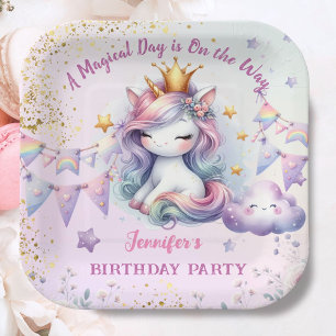 Unicorn Birthday Invite Girl Pink Gold Purple Paper Plate