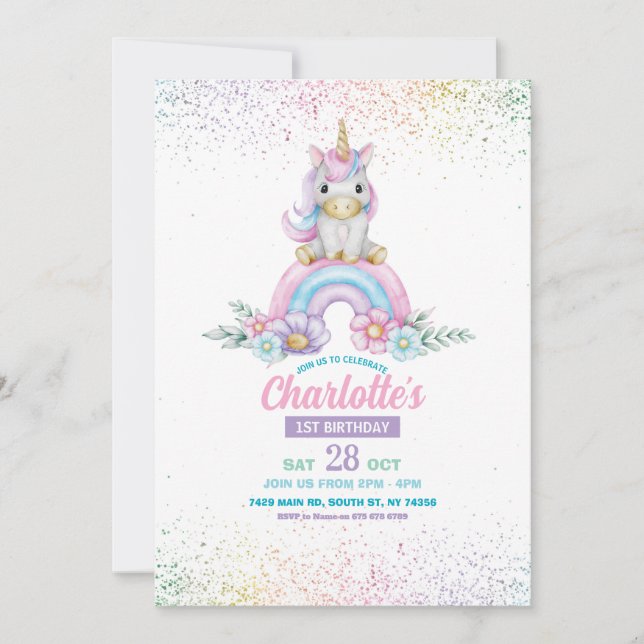 Unicorn Birthday Invite Girl Rainbow Glitter Cute (Front)