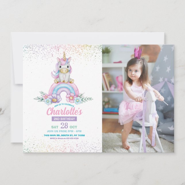 Unicorn Birthday Invite Girl Rainbow Glitter Photo (Front)