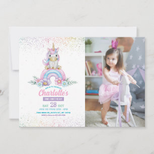 Unicorn Birthday Invite Girl Rainbow Glitter Photo