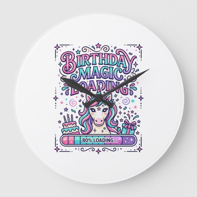 Unicorn Birthday Magic Loading Colourful Marketpla Large Clock (Front)