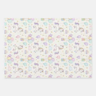Unicorn Birthday Magic – Pastel Balloons & Cakes  Wrapping Paper Sheet