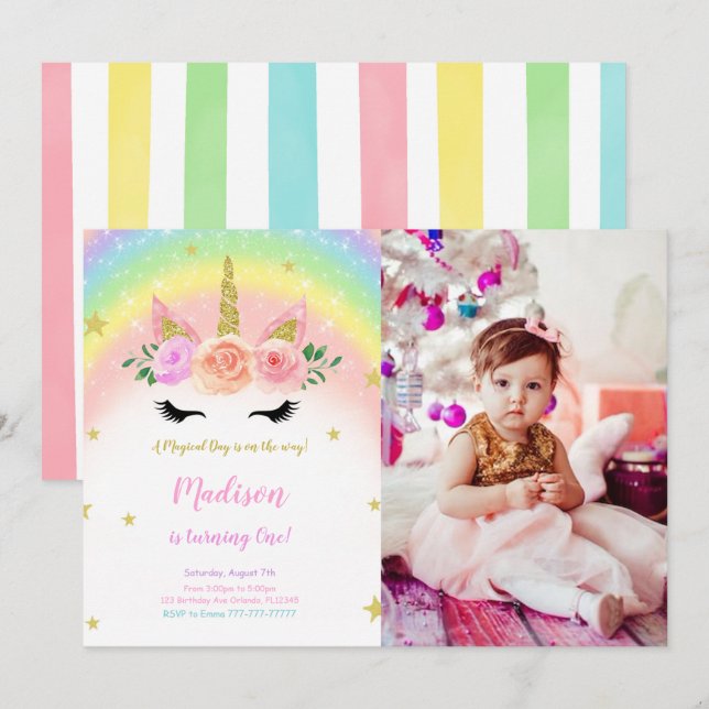 Unicorn Birthday Magical Party Photo Invitation (Front/Back)