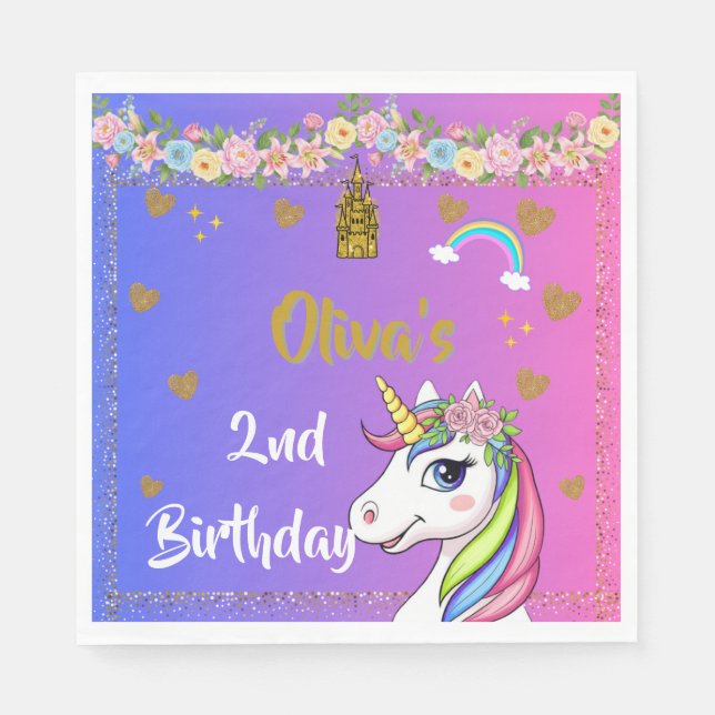 Unicorn Birthday Napkins | Rainbow Unicorn Party (Front)