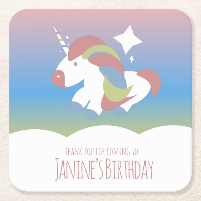 Unicorn Birthday Party Clouds Colourful Gradient   Square Paper Coaster (Front)