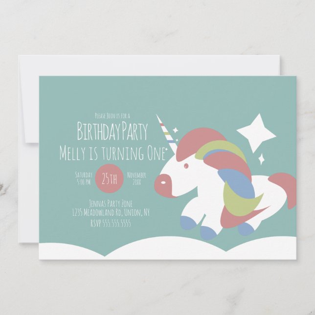 Unicorn Birthday Party Clouds Colourful Simple Invitation (Front)