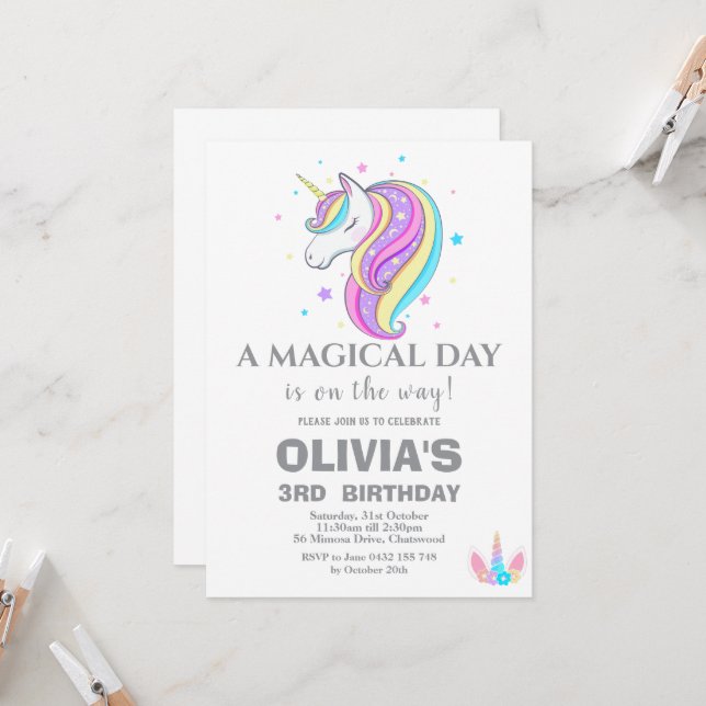 Unicorn Birthday Party Decorations Invitation (Front/Back In Situ)