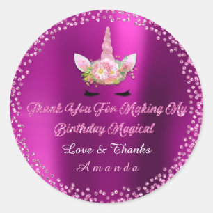 Unicorn Birthday Party Favour Thank Steal Fuchsia Classic Round Sticker