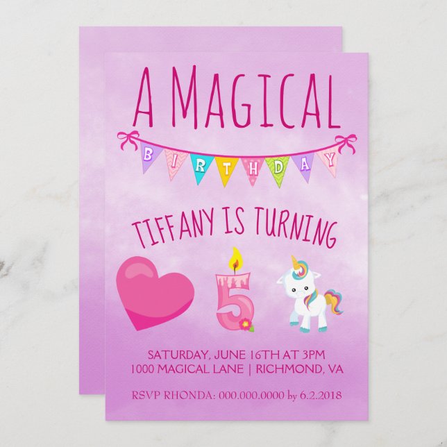 Unicorn Birthday Party Five Years Old Invitation (Front/Back)