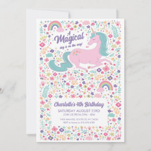 Unicorn Birthday Party Floral Pink Girls  Invitation