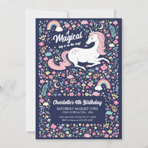 Unicorn Birthday Party Floral Pink Navy Girls  Invitation