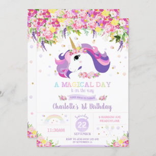 Unicorn Birthday Party Floral Whimsical Girl Invitation