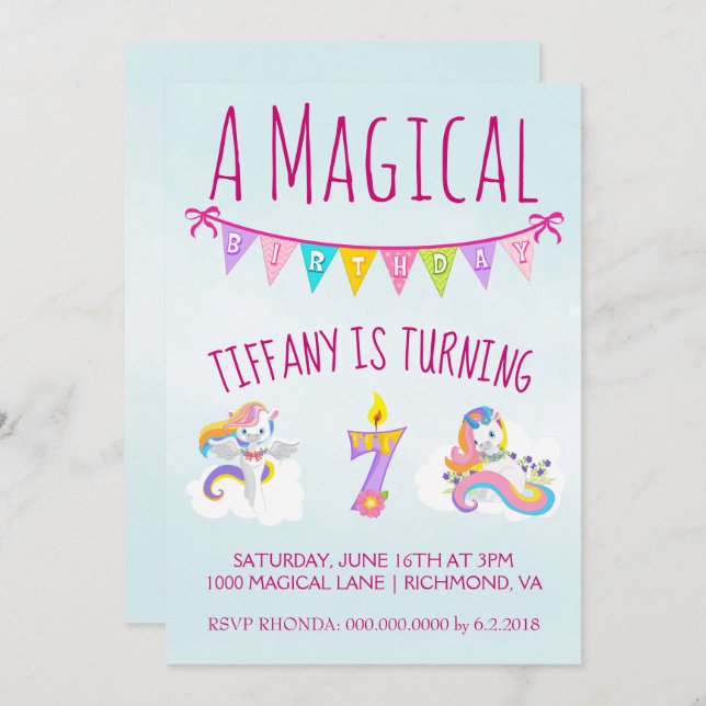 Unicorn Birthday Party for 7 year old Invitation (Front/Back)