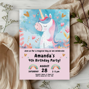 Unicorn Birthday Party for Girls Pink  Invitation