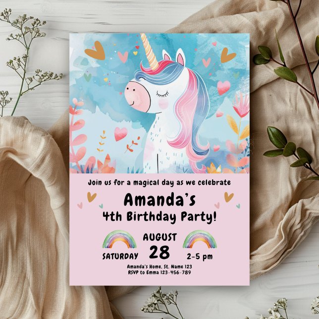 Unicorn Birthday Party for Girls Pink  Invitation (Creator Uploaded)