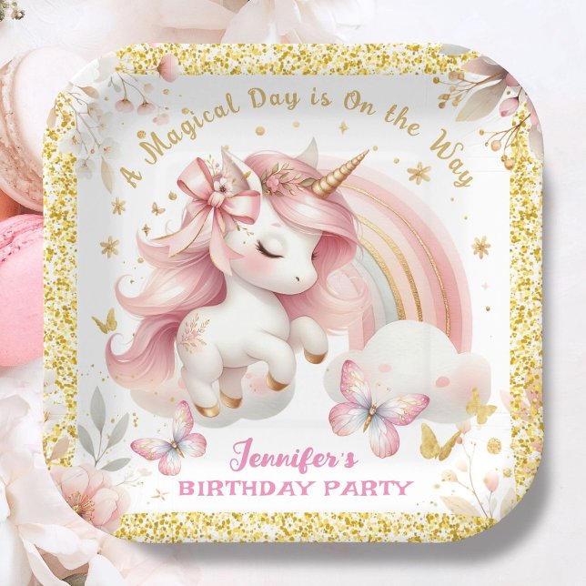 Unicorn Birthday Party Girl Blush Pink & Gold Paper Plate (Creator Uploaded)
