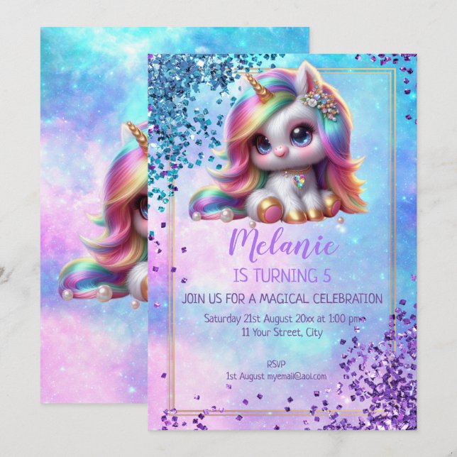 Unicorn Birthday Party Girl Invitation (Front/Back)