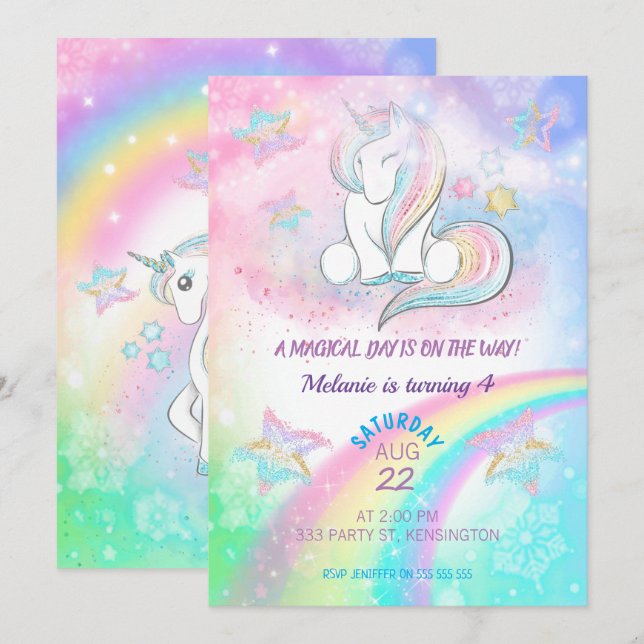 Unicorn Birthday Party Girl Invitation (Front/Back)