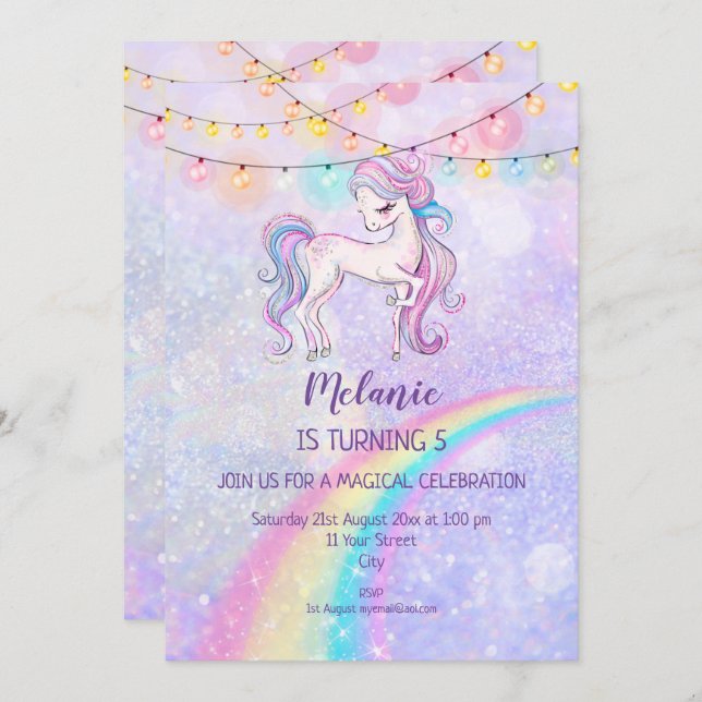 Unicorn Birthday Party Girl Invitation (Front/Back)