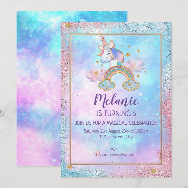 Unicorn Birthday Party Girl Invitation (Front/Back)