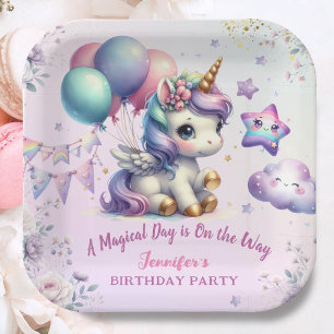 Unicorn Birthday Party Girl Purple & Gold Paper  Paper Plate